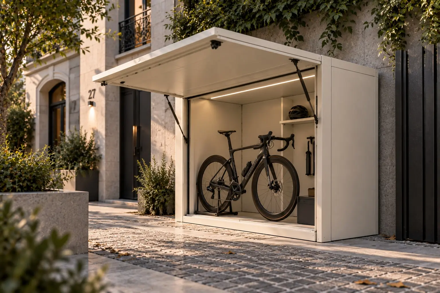 Box per biciclette in PRFV a finitura chiara con anta basculante aperta, sul fronte strada di un edificio