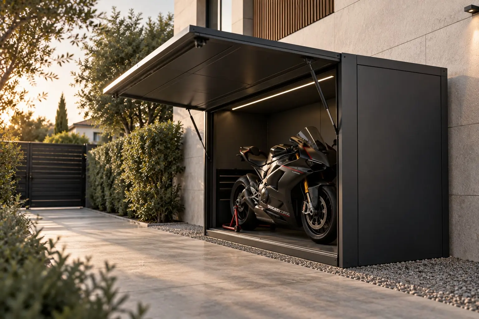 Box moto in PRFV a finitura scura con anta basculante aperta e luce interna, contesto residenziale
