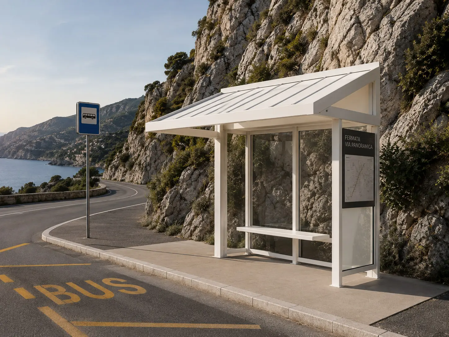 Fermata autobus in PRFV su strada costiera esposta alla salsedine