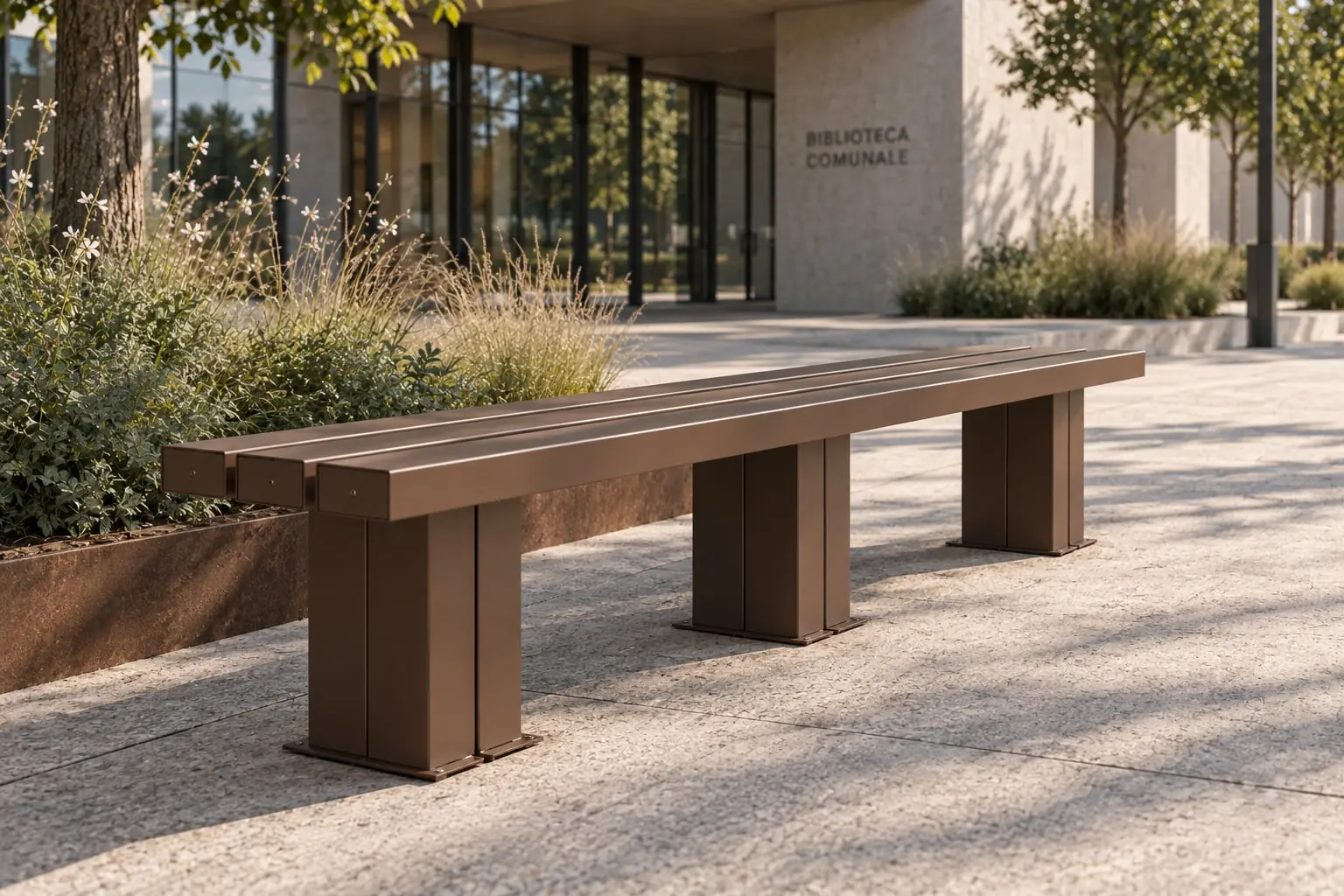 Panchina in PRFV a finitura corten davanti all’ingresso di una biblioteca comunale