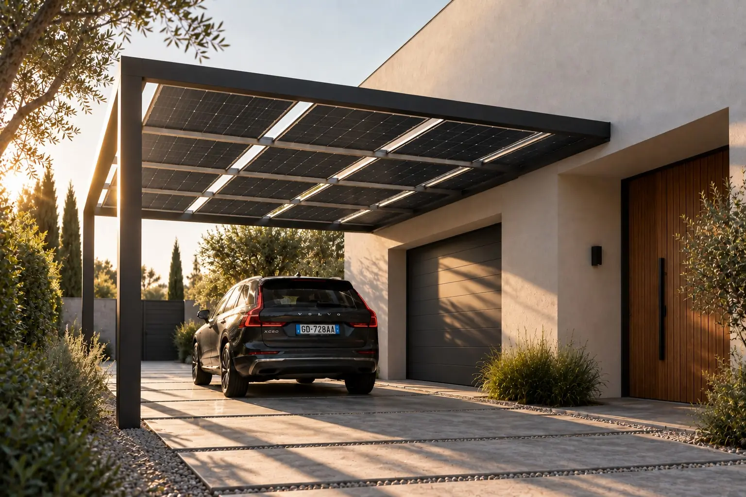 Carport fotovoltaico in PRFV a finitura scura davanti a una casa, con auto sotto i moduli