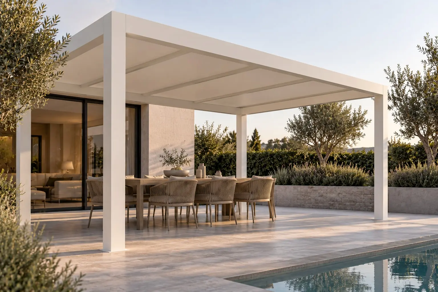 Pergola in PRFV a finitura bianca a bordo piscina, con zona pranzo all’aperto