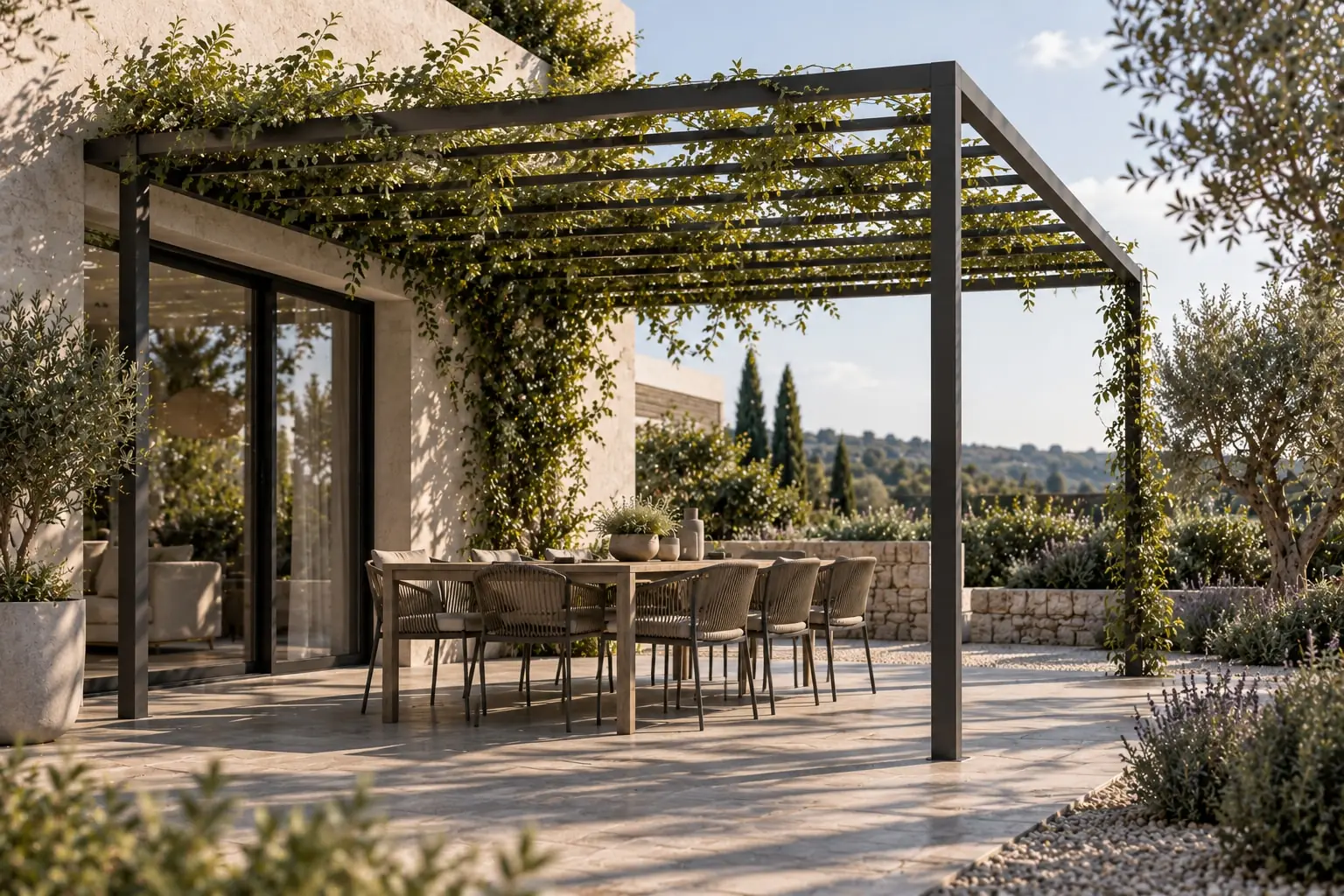 Pergola in PRFV a finitura scura con rampicanti, su terrazza residenziale con vista collinare
