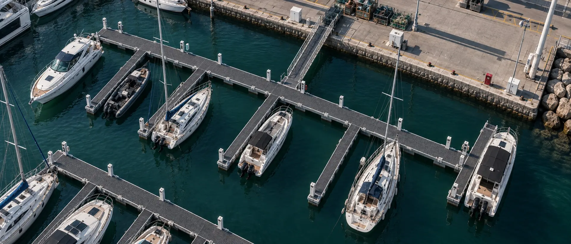 Vista dall’alto ravvicinata di pontile monotrave e finger in PRFV, con imbarcazioni ormeggiate e colonnine di servizio